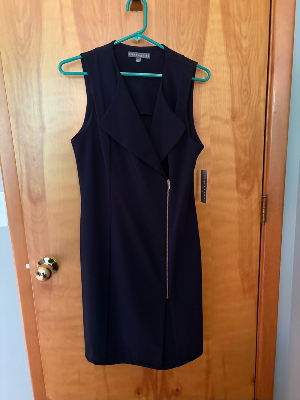 Sharagano Navy Sleeveless Sheath Dress with Draped Collar and Zip